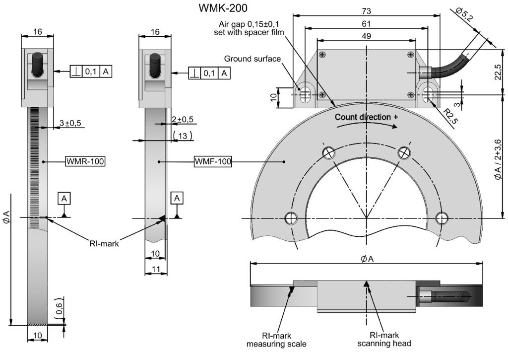 Assembly drawing: WMK-20 R2,25 Ordering code: WMK-201. - - - Maximum input frequency 1... 110 khz 2... 180 khz S... 100 khz * *(only possible for a dividing factor D=1) Analog dividing factor (D) 0.
