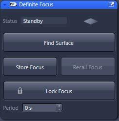 Focus Maintenance Hardware Autofocus Definite Focus 2 Find Surface: will detect coverslip based on reflection of IR light Store Focus: after finding coverslip and focusing (manually or with SWAF),