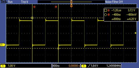 period of the signal = 800 ns f. Using the oscilloscope s automated measurements, measure the following: 1. peak-to-peak voltage = 4.12 V 2.