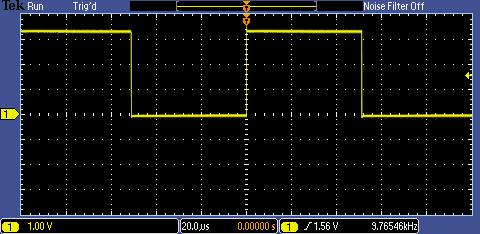 d. As can be seen on the oscilloscope screen, the square wave extends up about 2 ½ divisions on the display graticule from the ground level indicator.