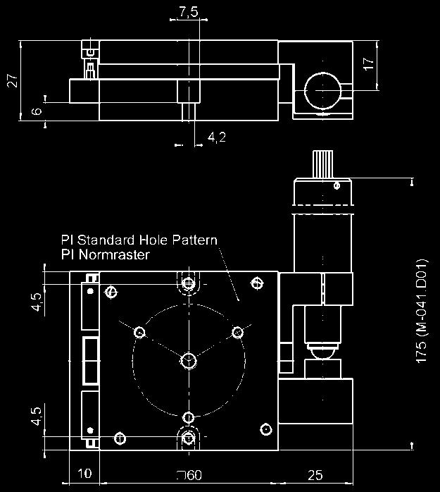M-041.00 dimensions (in mm), see p. 4-91 for PI Standard Hole Pattern M-041.