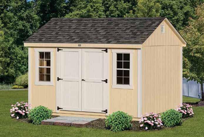 The WORKSHOP 10'x12' A-FRAME WORKSHOP Cream T1-11 siding White Trim, Doors Charcoal Gray Architectural Shingles Shown with Optional Wood