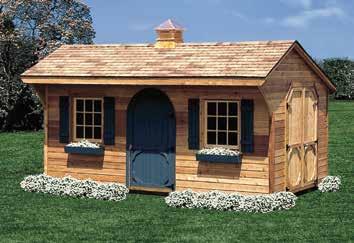 4-lite windows with flower boxes 10'x16' Pine Carriage Clay with white trim, red shutters, weatherwood shingles.