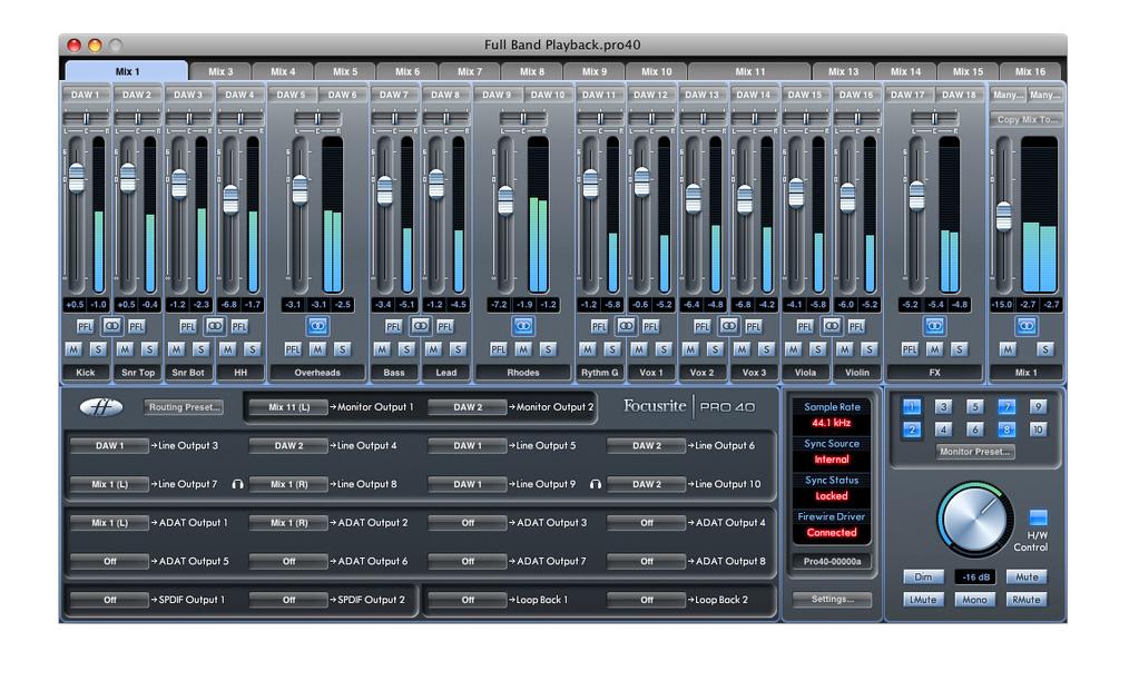 Saffire PRO 40 Control The Saffire PRO 40 Control software allows flexible mixing and routing of all audio signals to the physical audio outputs, as well as control of output monitor levels.