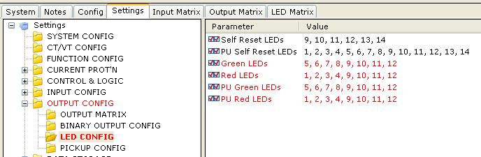 In the OUTPUT CONFIG\LED CONFIG menu in the Settings tab, to assign the required LED as a particular colour, either red or green, type the LED number in the appropriate row.