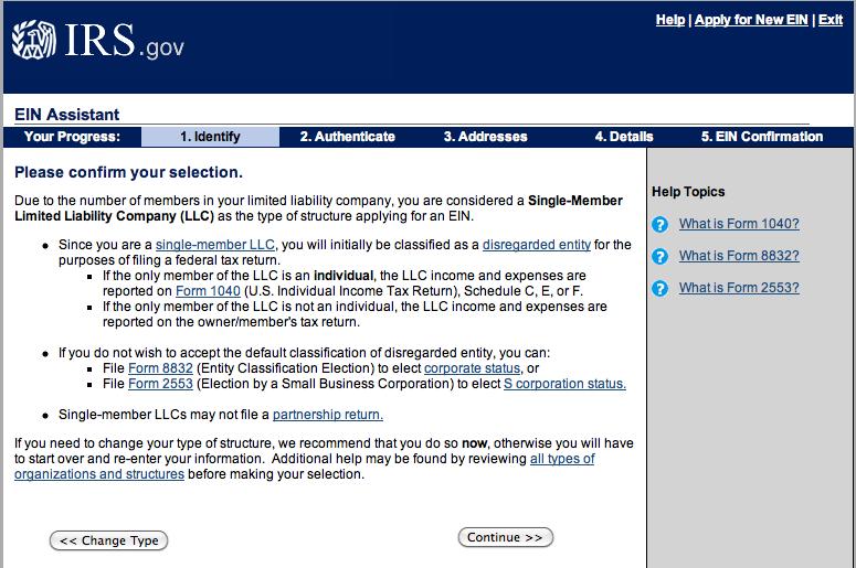Screen 5.2.4: If you have elected Single- Member tax status you will see this screen. If you have elected Partnership tax status you will see the screen at 5.3.