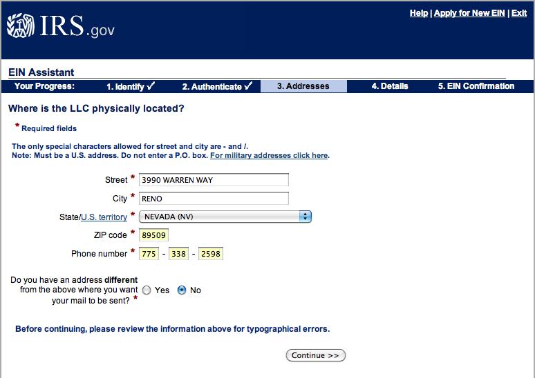 Click Continue to go to the next screen. Screen 9: Type in the LLC s physical address (typically your home).
