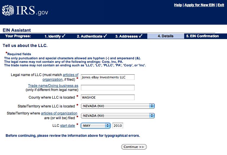 Screen 10: Type in the full name of your LLC, as incorporated.
