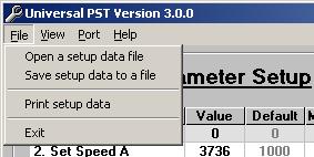 Universal PST Menu Items Use the File menu to: Open a previously saved setup data file Save setup data to a file Send setup data to the default printer Exit the program Use the View menu to: Select