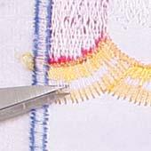 the unsecured edge of the fringe satin stitching and cut.