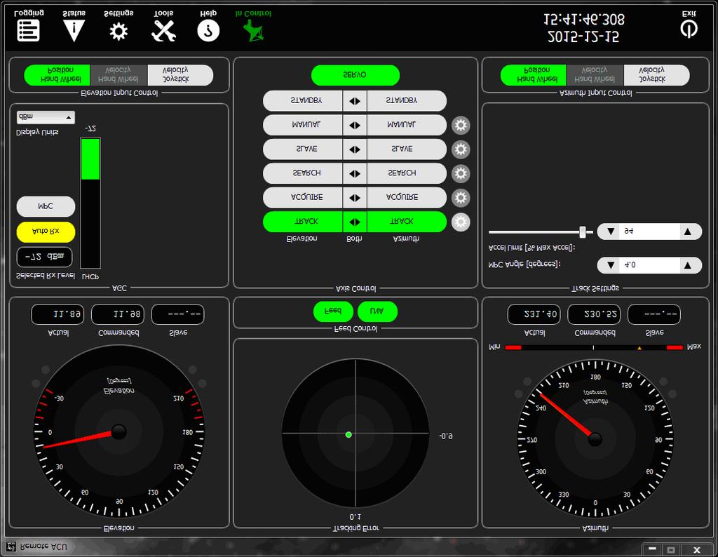 AGC ribbon (signal strength) meters in the AGC window are set to match the Quasonix Receiver s signal strength display by selecting the dbm setting from the Display Units drop down and by setting the