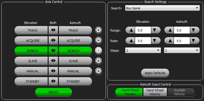 Figure 17: Axis Control and Search Settings Windows In Figure 17, the AZ and EL SEARCH buttons and Gear icon are selected in the Axis Control window.