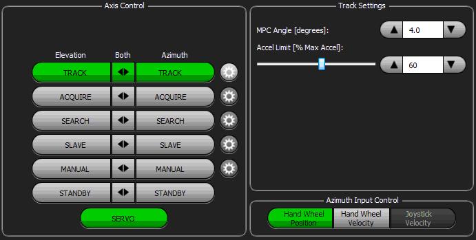 Figure 19: Axis Control and Track Settings Windows Select the Gear icon to the right of the TRACK buttons to open the Track Settings window.