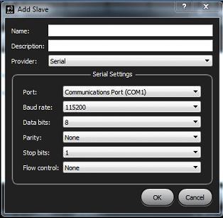 Figure 42: Add Slave Serial Settings Dialog Box When Ethernet is selected via the drop down menu in the Provider field,