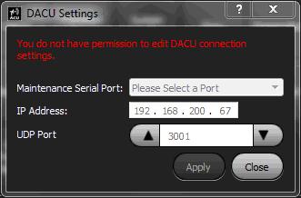 Figure 50: DACU Settings Dialog Box Changing the DACU IP address and UDP port settings may stop communication between the ACU s CPU and the internal DACU PCB which will lead to a loss of feedback and