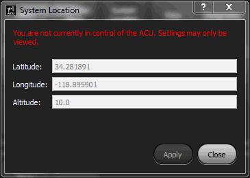 Figure 52: System Location Dialog Box Note: The System Location box requires permission and a log in to make changes to the saved parameter settings.