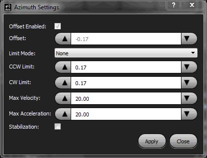 Figure 59: Azimuth Settings Dialog Box The present Azimuth offset(s) is displayed in the Offset field (-0.17 offset in this example).