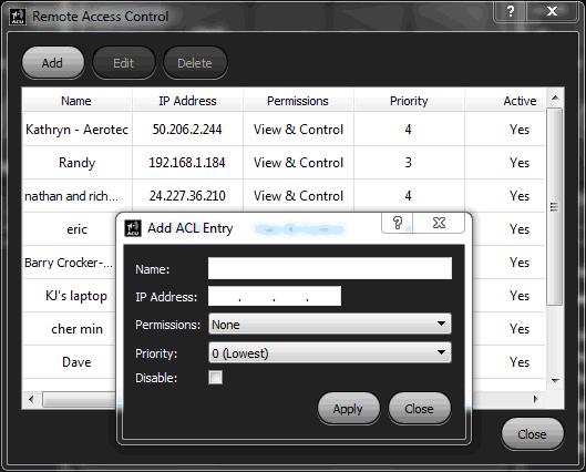 The Remote Access Control dialog box with the ADD button selected is shown in Figure 62. The Add ACL Entry box is also displayed.