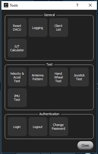 Test Provides access to test and evaluation routines via Velocity and Acceleration Test, Antenna Pattern, Hand Wheel Test, and Joystick