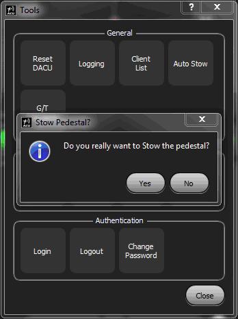 3.4.1.4 General - Auto Stow The AUTO STOW button opens the Stow Pedestal dialog box, as shown in Figure 90. (This button only displays on ACUs equipped with auto stowing antenna mechanisms.