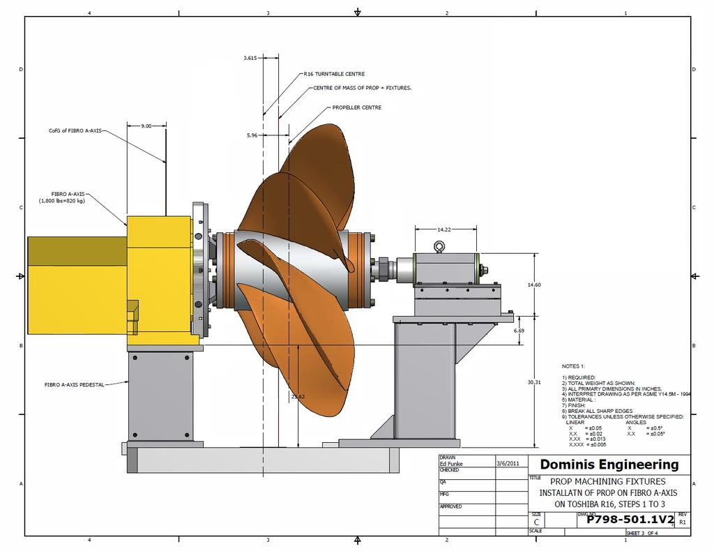 In the configuration shown in Figure 3, the propeller blades are machined one radial section at a time starting from the blade tip.