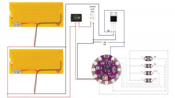 You could use a 3.7 LiPo battery to power both the LilyPad USB board and the heating pads.