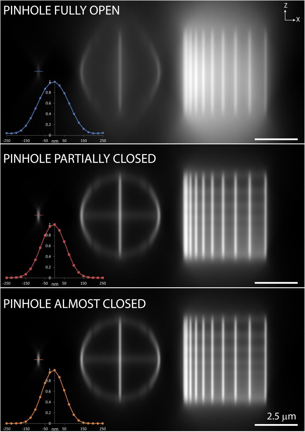Fig. S2, Test objects viewed through a confocal microscope The top panel of Fig. S2 shows an image taken with a fully-open pinhole.