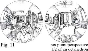 When you add a fourth vanishing point to your drawing, you can see above your head and also below your feet. Four-point perspective gives one fourth of the spherical space around you (Figure 9).