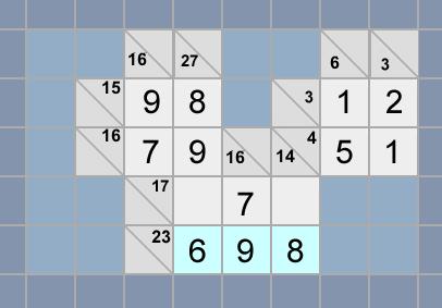 All you need to do is lock in exactly where each goes. Study this puzzle: The bottom row contains a clue of 23 with a three-cell answer. This has only one possible answer: 6, 8, 9.
