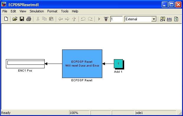 Figure 3. Locations of the incremental build, connect to target, and play buttons in the ECPDSPResetmdl.mdl window.