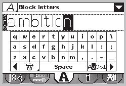 Using the alphabet (1.5) ambition 1.5 Alphabet mode overview 1. Font selection/font preview 2. Name of selected font 3. Drop down font selection list 1 4 2 3 4. Stitch field 5. Keyboard 6.