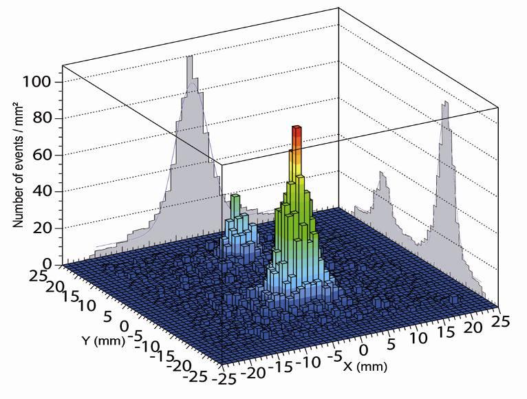 Projection construction 2D histogram (1 1 1 mm² binning) in real time with profiles Intrinsic spatial resolution of 3 mm and spatial resolution with the collimator of 6.1 mm (at d = 0) 2.19 ± 0.