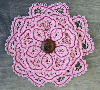 Battenburg lace designs are embroidered onto water-soluble stabilizer.