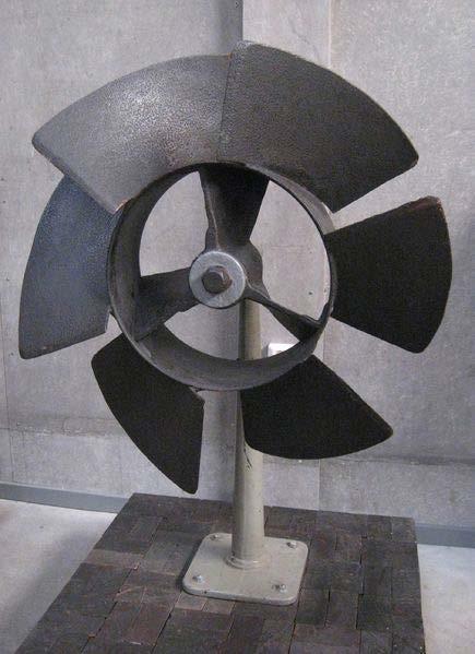 A propeller is a type of fan that transmits power by converting rotational motion into thrust.