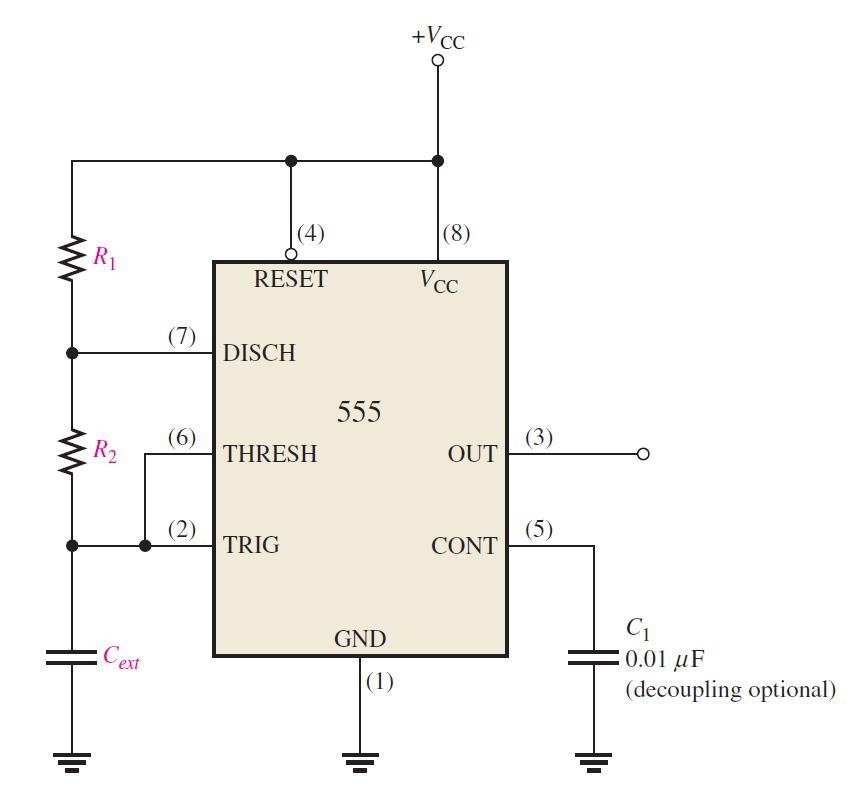 The resistive voltage divider is used to set the voltage comparator levels. When the trigger voltage goes below 1 3 CC, the flip-flop sets and the output jumps to its high level.