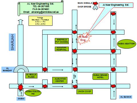 LOCATION MAP Contact Details Al Nasr Engineering, PO Box: 1106, Dubai U.A.E. Ph: +971 4 2671500, Fax: +971 4 2674661 Email: alnsreng@eim.