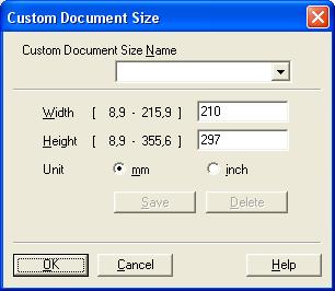 Scanarea Custom (Particularizat) Dacă pentru dimensiune selectaţi Custom (Particularizat), pe ecran va fi afişată caseta de dialog Custom Document Size (Dimensiune document definit).