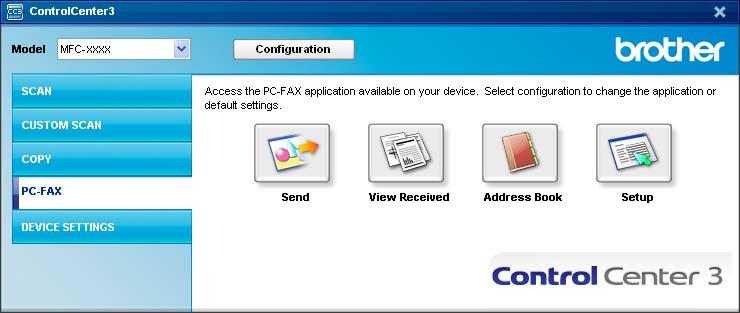 ControlCenter3 Dacă programul PC-FAX receiving rulează, puteţi deschide aplicaţia de vizualizare de la butonul View Received (Vizualizează Primire).