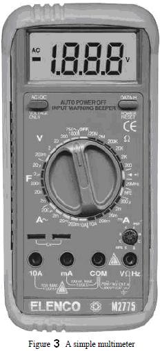 MULTIMETER The multimeter, also called an ampere-volt-ohm meter (or avometer), is the basic tool for anyone working in electronics. A fairly typical modern multimeter can be seen in Figure 3.