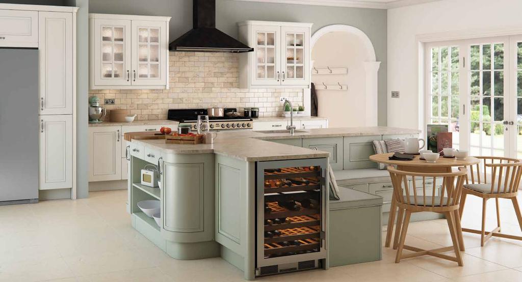 Painted & Stained AVONLEA Brilliant White & Sage Green All Avonlea doors, drawerfronts and frames are available in 21 standard paint colours.