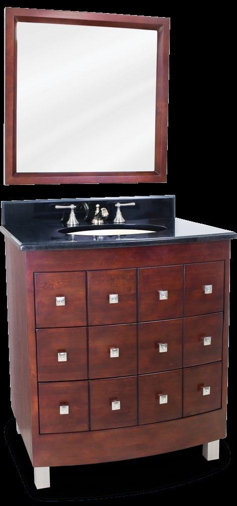 Chelsea Metro This 31-1/2 wide solid wood vanity features geometric drawer fronts and square satin nickel hardware to add depth to this modern chest, yet the warm cherry finish allows this vanity to