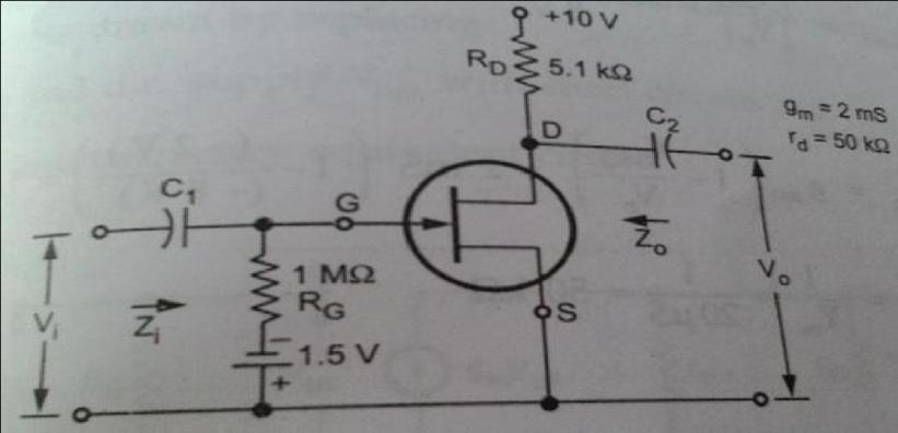 6 For the circuit shown in fig.determinei) Input impedance II) output impedance and III) voltage gain? Evaluate 13 7 The P-channel FET has a I DS =-12mA, Vp =5V, V GS is 1.6 V.