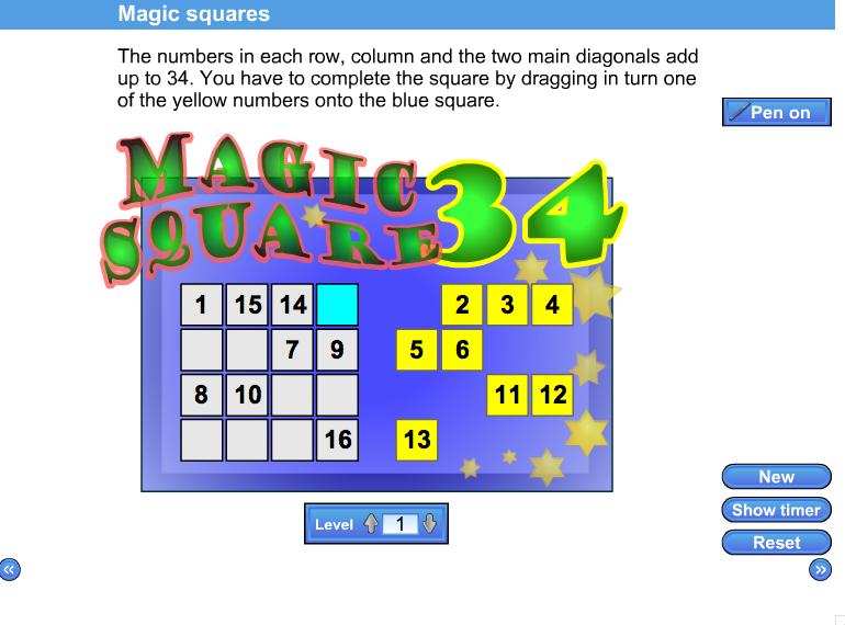 Magic squares Consolidate mental methods of calculation. Pupils are given a partially completed magic square and have to complete it. A partially completed magic square is shown on screen.