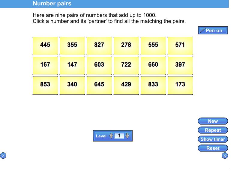 Number complements Consolidate the rapid recall of number facts of positive integer complements to 1000, 50 and 0.1. An 18 card matching challenge.
