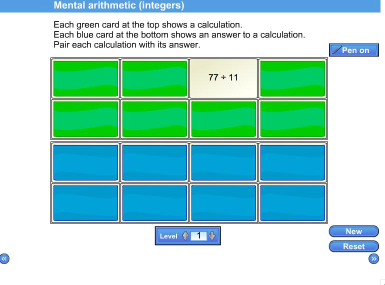 Mental arithmetic (integers) Multiply and divide simple integers. An 8 pair card matching starter to match simple integer calculations with answers. The 3 levels are differentiated by numbers used.