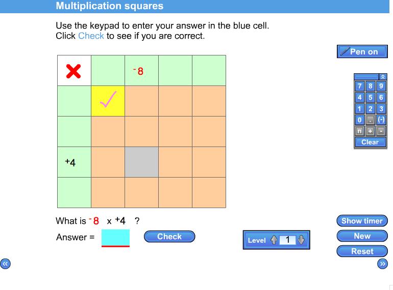 Multiplication squares Multiply directed numbers. Multiply directed numbers. A 4 by 4 square starter. Timer available. To speed it up click the grey cell without entering an answer.