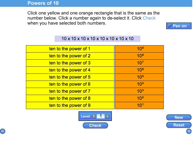 Powers of ten Powers of 10 including index notation. Matching different ways to express powers of 10.