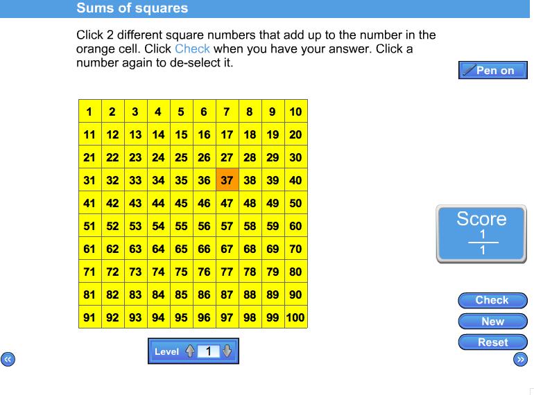 Sums of squares Use squares for small positive integer powers. Pupils are given a grid showing a shaded number. They are asked to find 2 (or 3, 4) different square numbers that sum to this number.