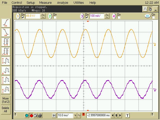CHAPTER 5: PROGRAMMABLE-OUTPUT PFC RECTIFIER 57 Input Voltage Input Current Fig.5.9: Input voltage and current waveform of the proposed converter Ch1: input voltage (50V/div); Ch2: input current (100 ma/div).