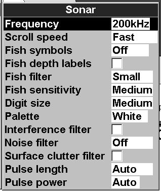 17-3 Setup > Sonar Press twice, then select Sonar: Frequency There is a choice of: 200 khz, 50 khz and Mixed. For information about selecting a suitable frequency for the water conditions.